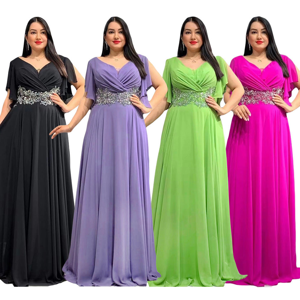Fashion cross-border independent plus size women's pure color v-neck long skirt dress banquet large swing dress evening dress elegance