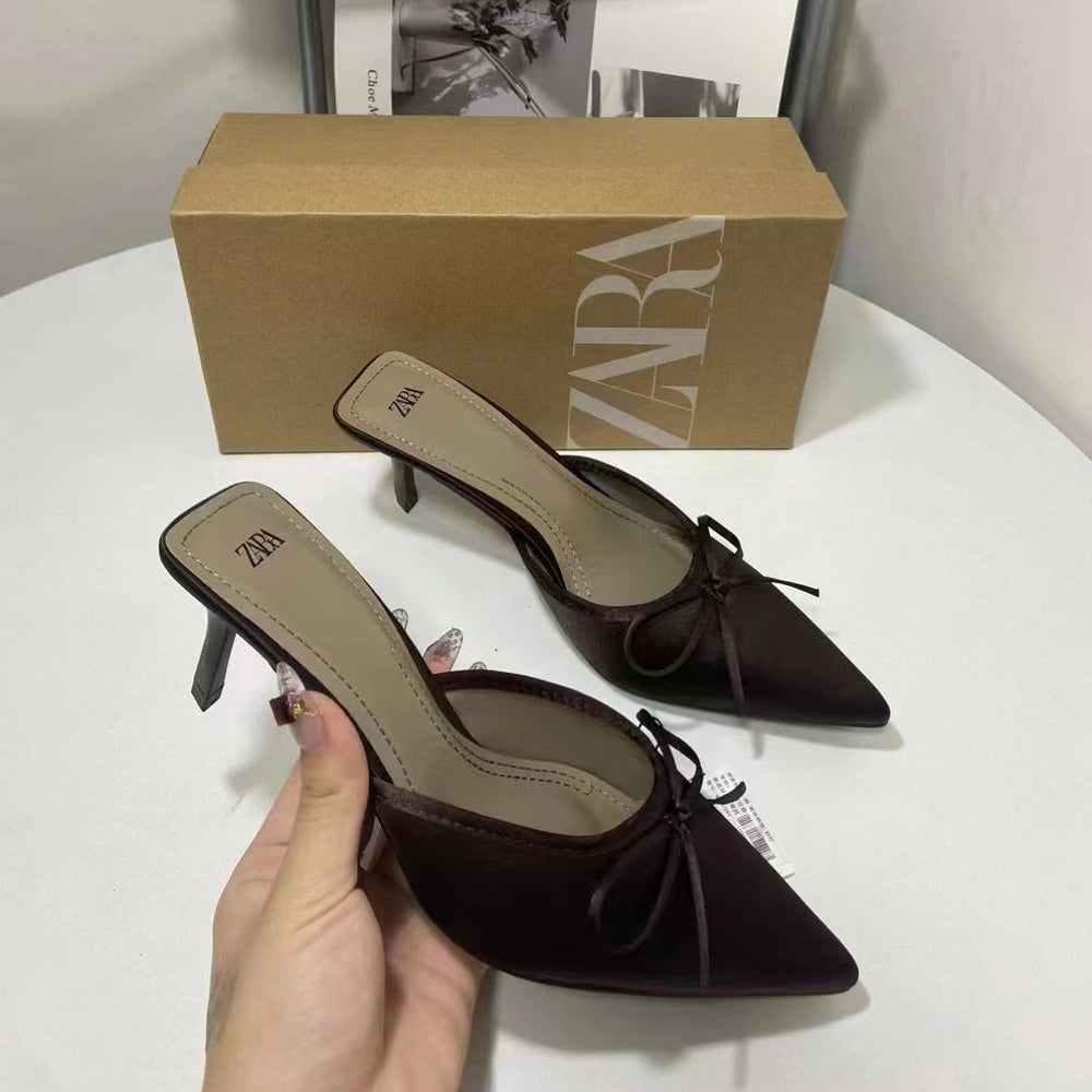 Za2024springnew arrivalbows high-heeled mules flats pointed toe toe slippers thin heel easiest for match half slippers