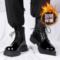 Men's winter black combat boots - british style casual motorcycle leather boots - men's anti-slip fleece-lined warm cotton boots