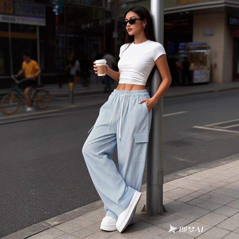 new striped blue high-waisted wide-leg drawstring cargo pants - versatile style for cross-border e-commerce on  (us & europe)