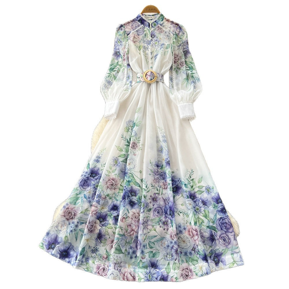 Vacation-style floral print slim-fit dress for women, perfect for spring. long-sleeved, high-waisted, and a-line silhouette. ideal for both work and everyday elegance