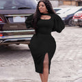 D402 european and american plus size women's clothing  autumn new fashion elegant hollow-out long sleeve slit solid color african dress
