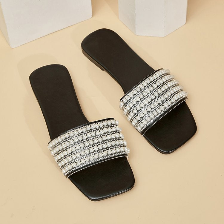 Slippers Foreign trade large size flat bottom slippers women's new fashion square head pearl word casual, beach sandals