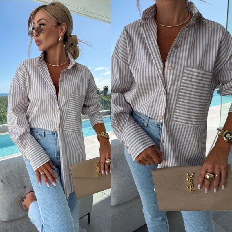 new autumn fashion casual button-down striped print long-sleeve shirt for women