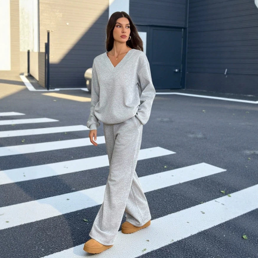 European and american  fall/winter new women's two-piece set: high-neck long sleeve top and wide-leg high-waisted pants casual sweatshirt set