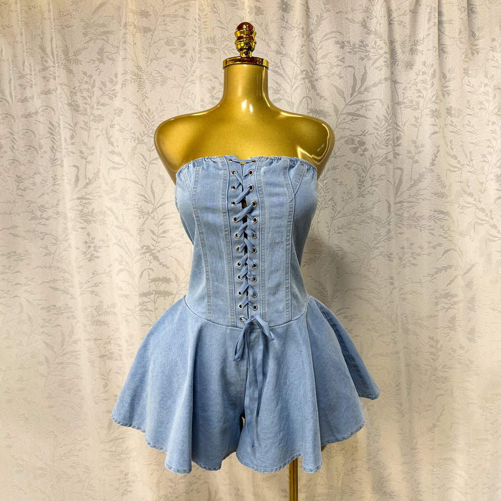summer new european and american sexy fashion bandeau denim jumpsuit with straps and wide leg shorts for women