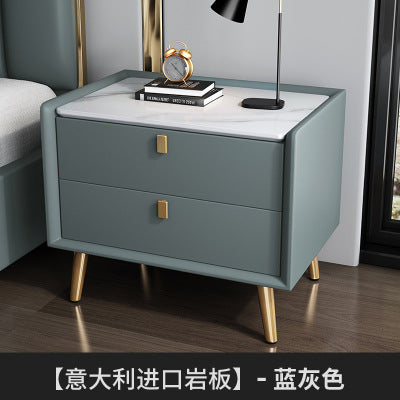 Modern minimalist bedroom nightstand - microfiber leather, sintered stone top, solid wood frame, new design with drawer storage, smart enabled