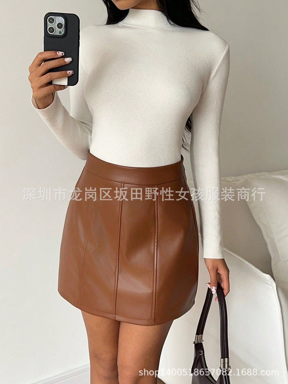 In stock-72660#  cross-border women's fashion european and american ins autumn and winter new a-line slimming hip-covering pu leather short skirt