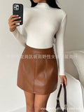 In stock-72660#  cross-border women's fashion european and american ins autumn and winter new a-line slimming hip-covering pu leather short skirt