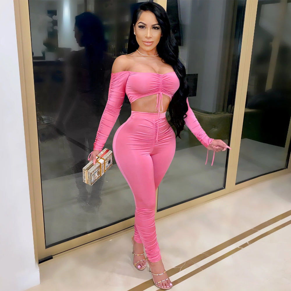C3715 special offer: no returns or exchanges. please purchase with care. cross-border fashion women's two-piece set with ruched sleeves and tie detail