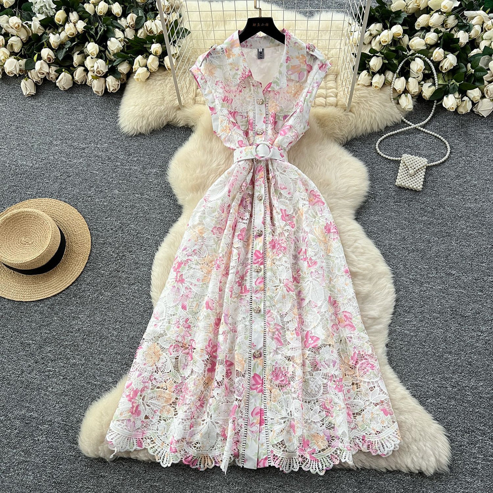 French chic luxury hollow-out crochet lace dress - women's summer slimming maxi dress with cinched waist and single-breasted button detail