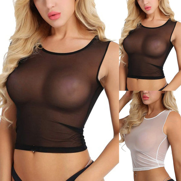 2024 European and American  women's mesh yarn shows great perspective, sexy and tight-fitting transparent trade temptation short top