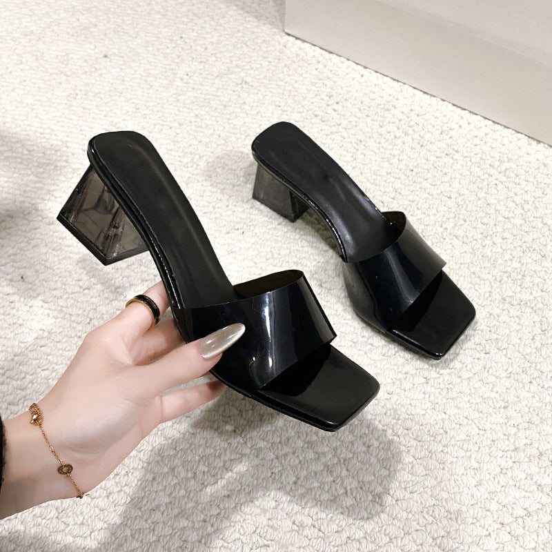 Transparent crystal slippers for women's outer wear 2024 summer new thick high-heeled square-toed open-toed slippers for women's summer outer wear