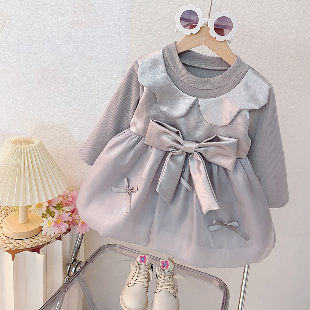 Girls' dress -  autumn korean style, trendy & chic, toddler & little girl, cute & fashionable, bowknot mesh party dress