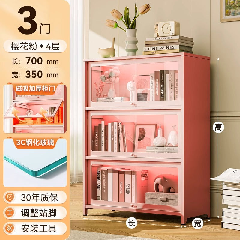 Steel bookcase with glass doors, kids' bookshelf, home living room storage cabinet, dustproof display cabinet, iron art shelf