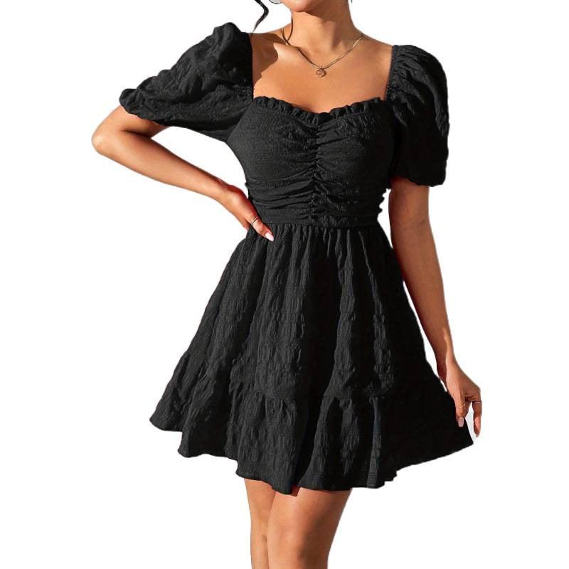 cross-border new women's babydoll dress with heart neckline, short sleeves, and puff sleeves