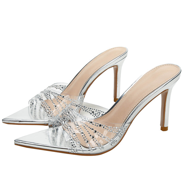 2026 summer french pointed-toe clear tpu sandals & slides - women's outdoor wear, stiletto heel, single strap with rhinestone embellishments, breathable