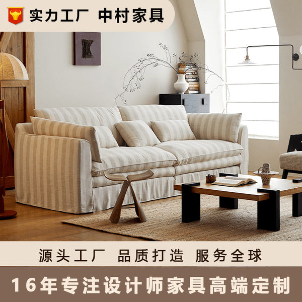 Wabi Sand Wind Hug Sofa Small Apartment Living Room Fabric Medium Ancient Style Straight Row Removable Washing Down Flax Cotton and Linen Sofa