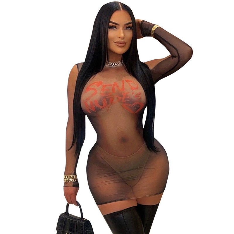 D23DS410 European and American women's clothing winter round neck long sleeve printing perspective pullover hip wrap dress short skirt perspective hip wrap