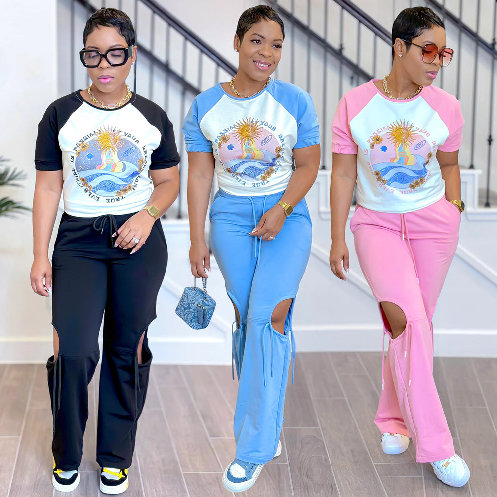 C6998 cross-border   independent station fashion women's printed multi-color short sleeve pants suit