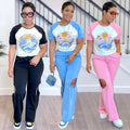 C6998 cross-border   independent station fashion women's printed multi-color short sleeve pants suit