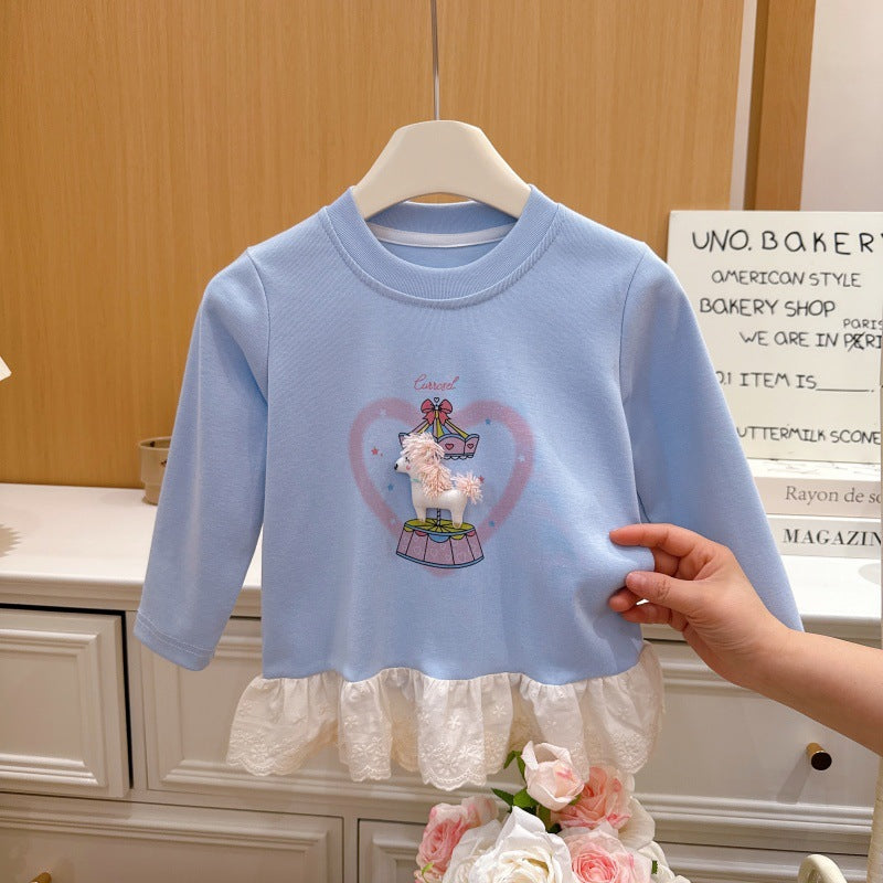 Springnew arrivalgirlk-style bottom sweatshirt baby girl kidsoutwear cartoon t-shirtlong sleevestops children's clothing