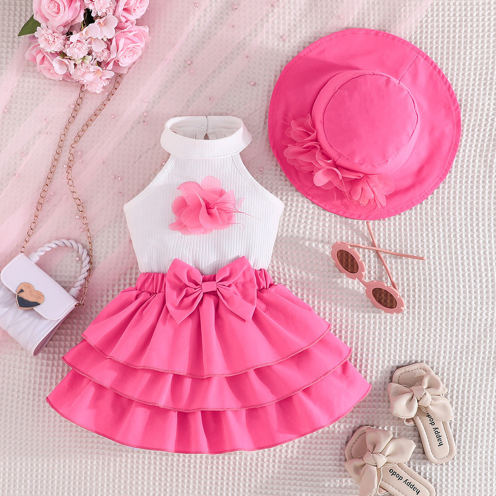 new european and american style girls' sleeveless solid color top with floral cake skirt and hat three-piece set