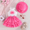 new european and american style girls' sleeveless solid color top with floral cake skirt and hat three-piece set