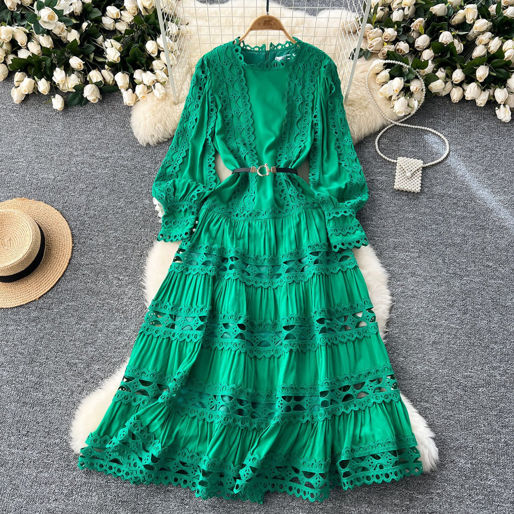 High-end elegant women's evening gown  new collection: court style retro heavily embroidered hollow-out lace patchwork french dress
