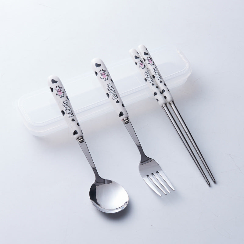 Portable storage cutlery set - cute cow design stainless steel children's dinnerware set: fork, spoon, and chopsticks