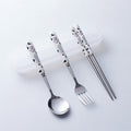 Portable storage cutlery set - cute cow design stainless steel children's dinnerware set: fork, spoon, and chopsticks