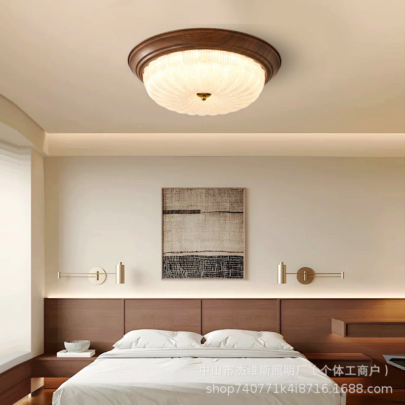 Medieval walnut round ceiling lamp with ice crackle glass soft light bedroom master bedroom secondary bedroom balcony corridor