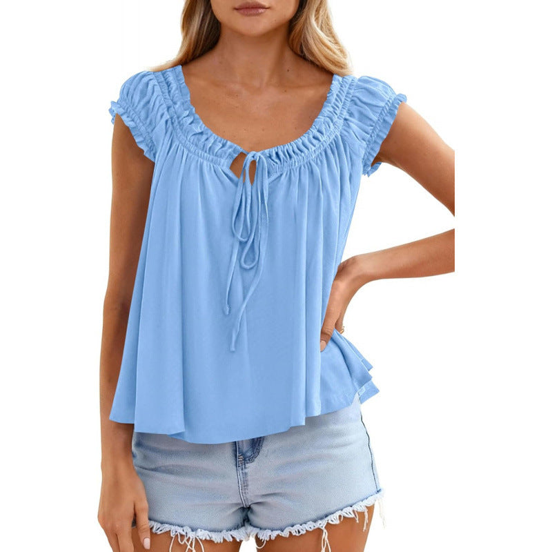 fashioneleganttie backrufflesshirt women's  summer new arrivalfashion pleated tops
