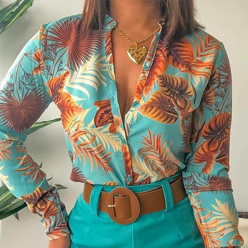 European and american export women's suit  cross-border new product lightly mature digital printing stand collar long sleeves shirt women's tops