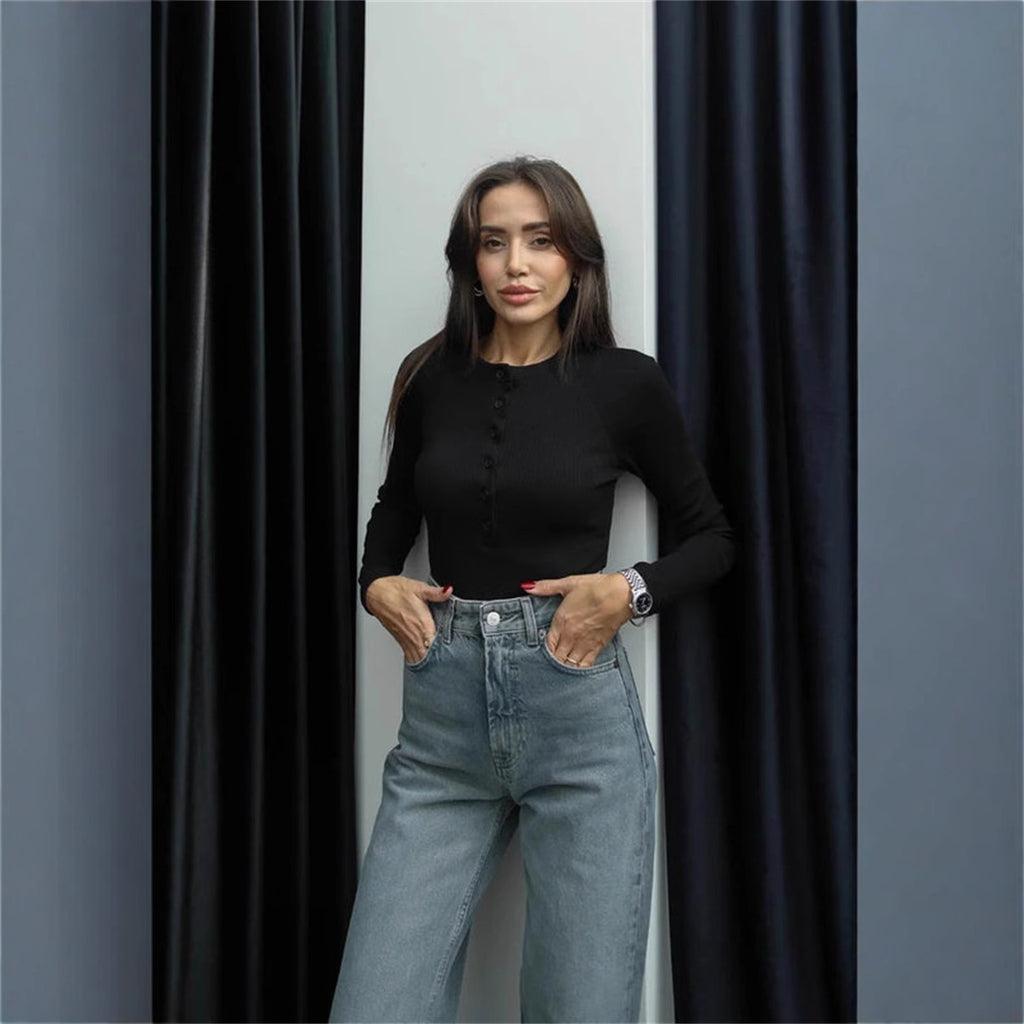 simple half-open neck button long-sleeved T-shirt women's clothing inside slim fit and thin clothes