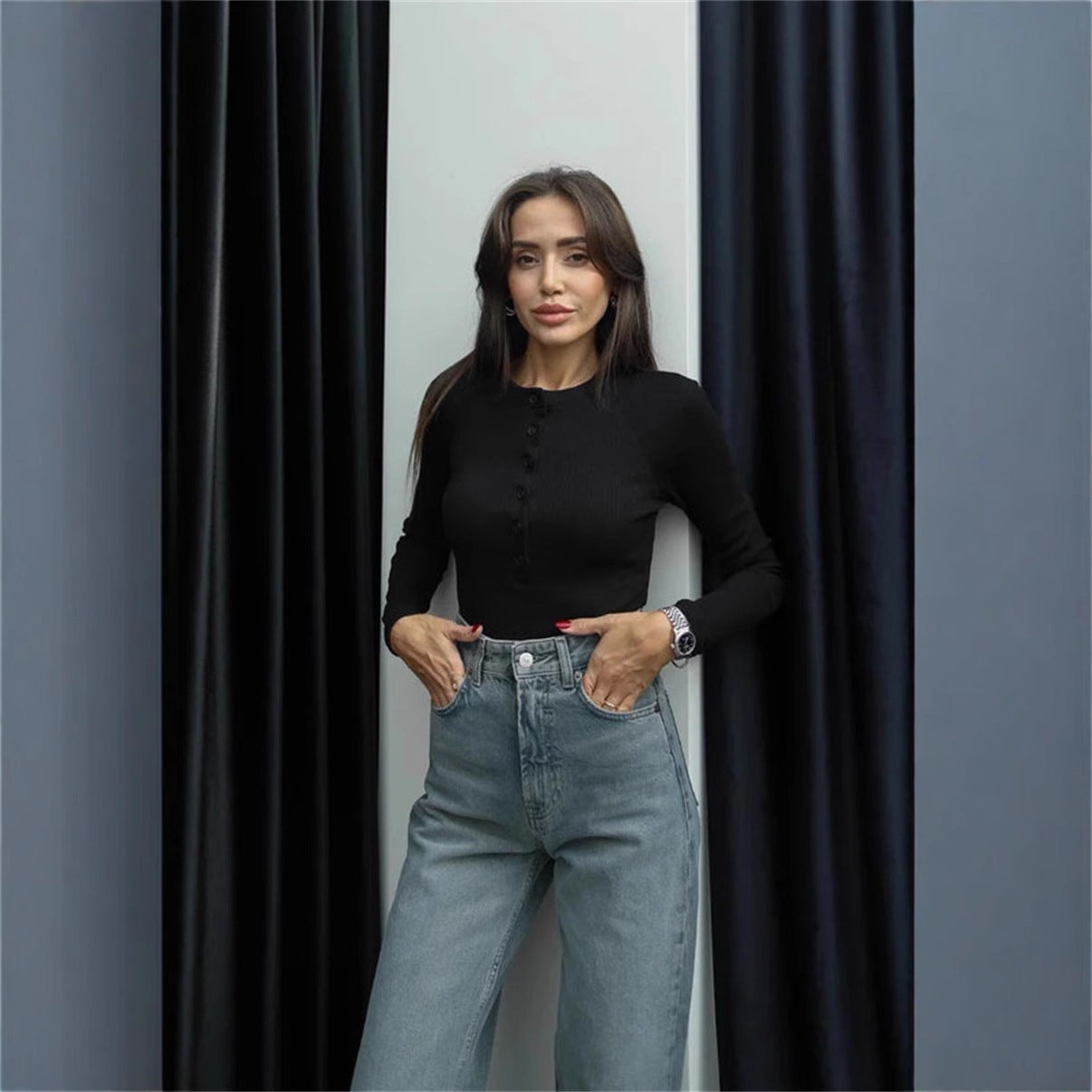 simple half-open neck button long-sleeved T-shirt women's clothing inside slim fit and thin clothes