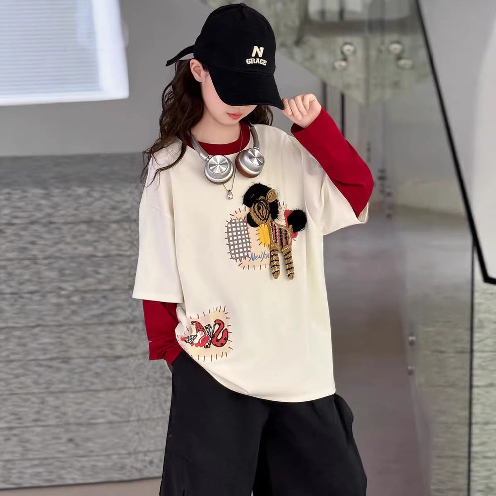 Girls' long-sleeve t-shirt,  new spring/autumn style, stylish base layer top for girls, spring outfit for older girls, faux two-piece top