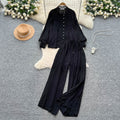 French court style chic lace patchwork pearl button lantern sleeve blouse and high-waisted wide leg casual pants set