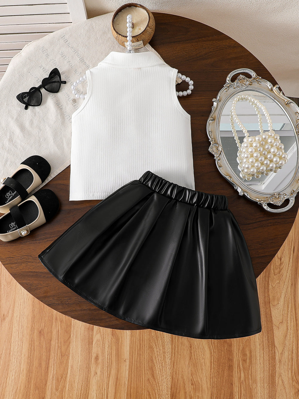 cross-border girls' fashion set: european & american style floral solid color top + a-line pu leather skirt with bow detail