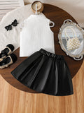 cross-border girls' fashion set: european & american style floral solid color top + a-line pu leather skirt with bow detail
