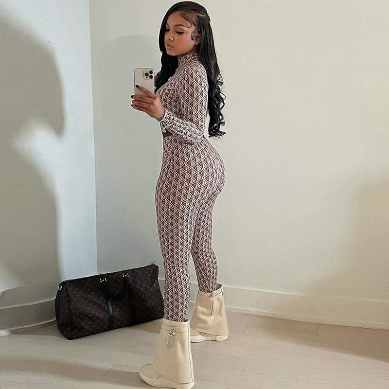Fashionexport women's fashionprinting street round neck long sleevespants body pants fitness jumpsuit women's one piece dropshipping