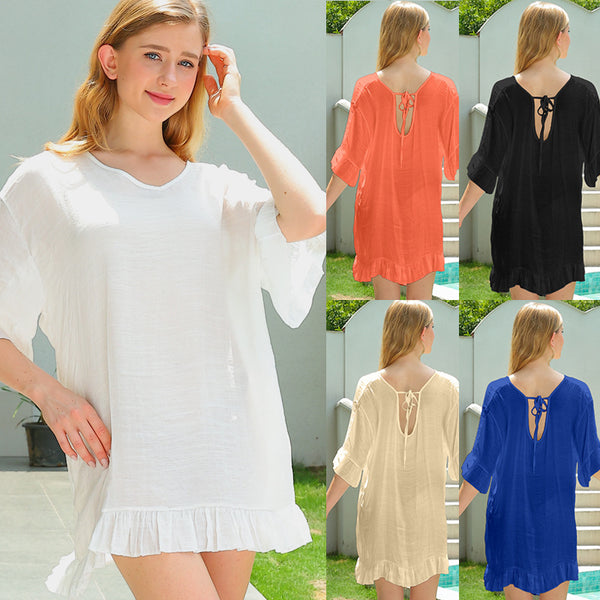 European and American  women's clothing solid color loose V-neck ruffle edge flying sleeves women's bikini blouse sunscreen shirt short sleeves