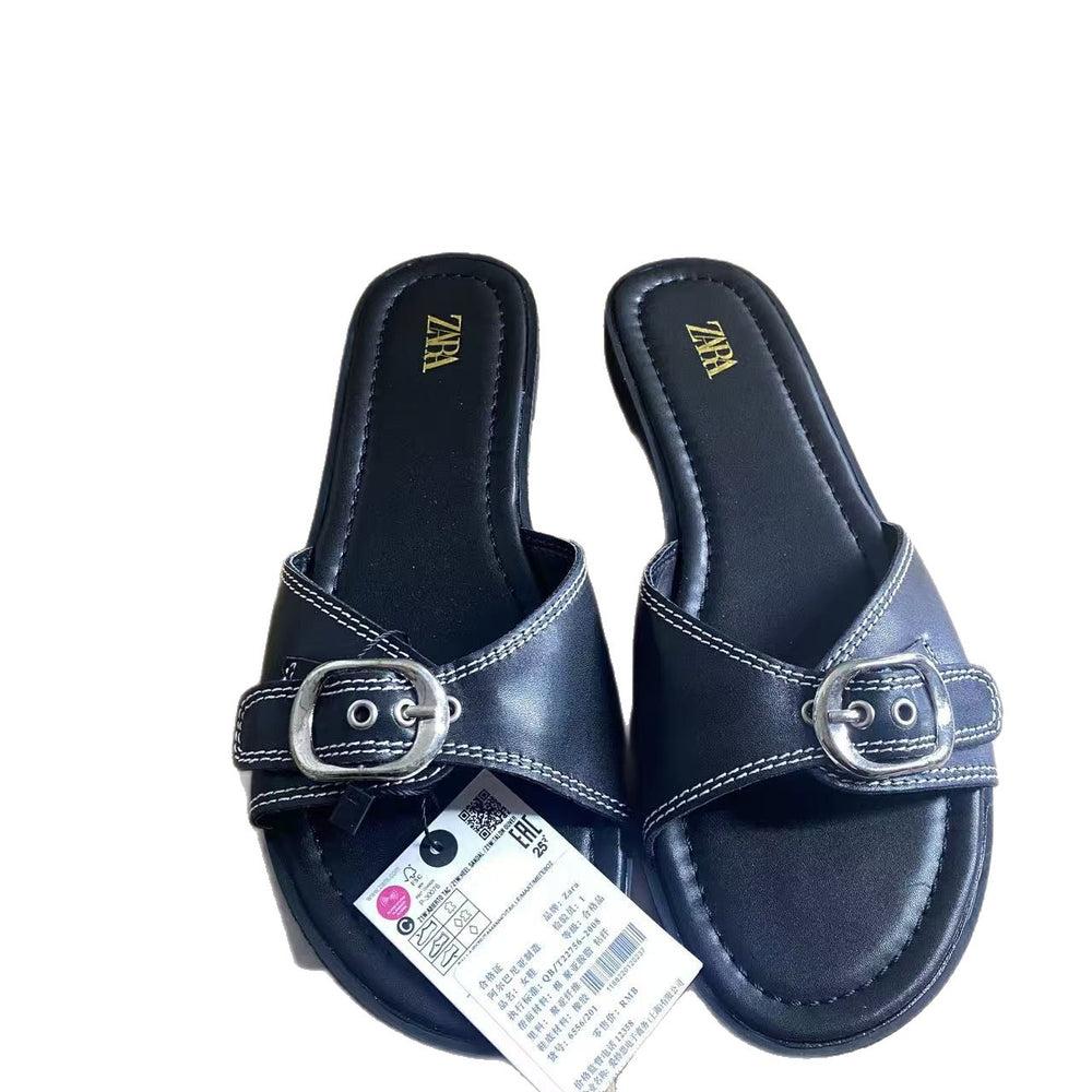 Za 2025 summer new women's flat sandals - leather strap outdoor sandals - black one-strap versatile sandals