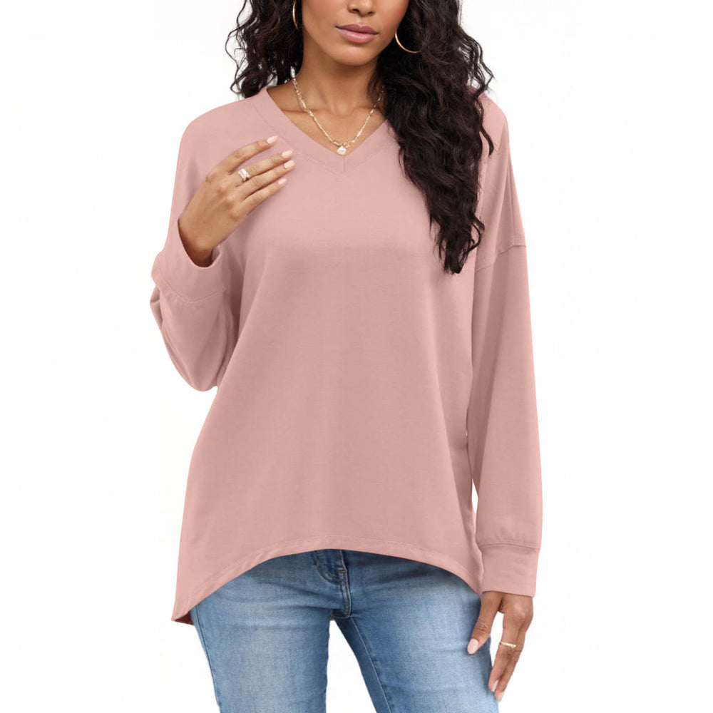cross-border new women's fashion casual solid color v-neck long sleeve top hoodless sweatshirt