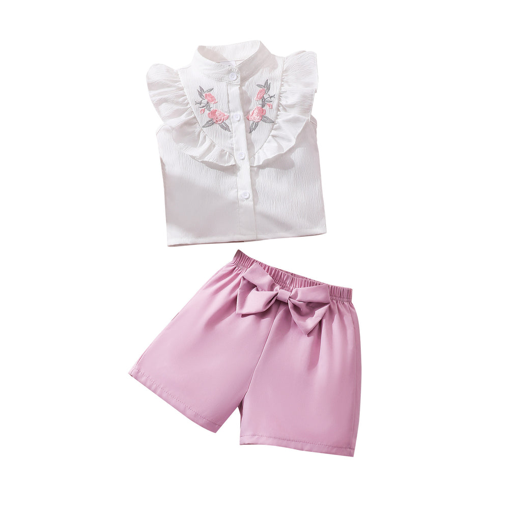 Girls' two-piece set: floral double-layer ruffle ribbed top + floral shorts, embroidered for young children