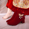 Winter wedding shoes women's burgundy chinoiserie xiuhe wedding dress two wear pearl thick heel bridal shoes fashionbows single boots