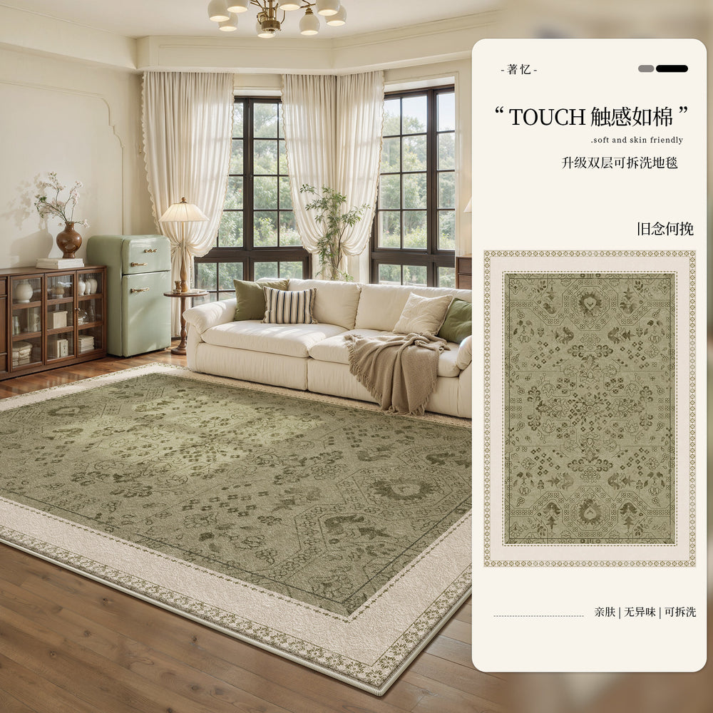 Removable and washable carpet for living room and bedroom, green retro medieval style, machine washable, double layer classy soundproof floor mat for home use