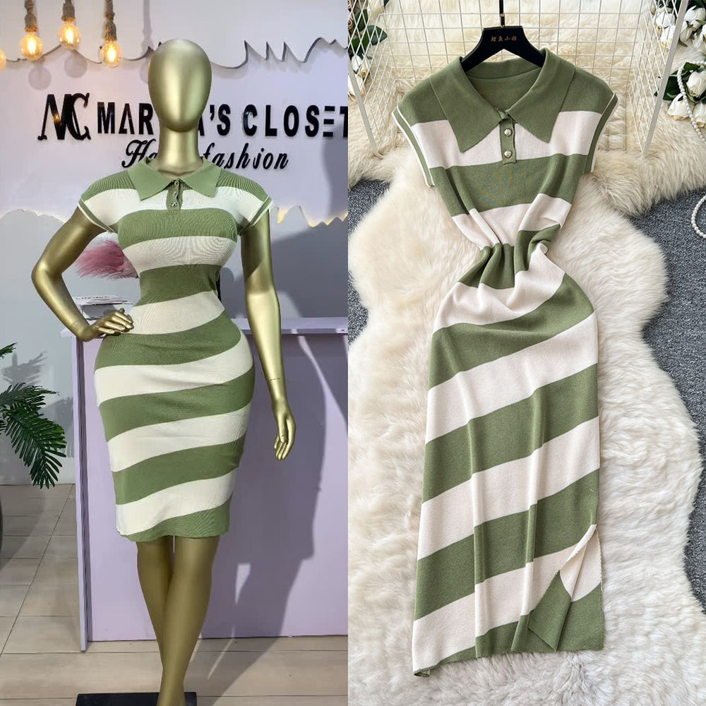Niche styleretrofashionpolo collar short sleevecontrast colorstripesknittingdress women's waist slit sweater skirt