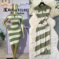 Niche styleretrofashionpolo collar short sleevecontrast colorstripesknittingdress women's waist slit sweater skirt