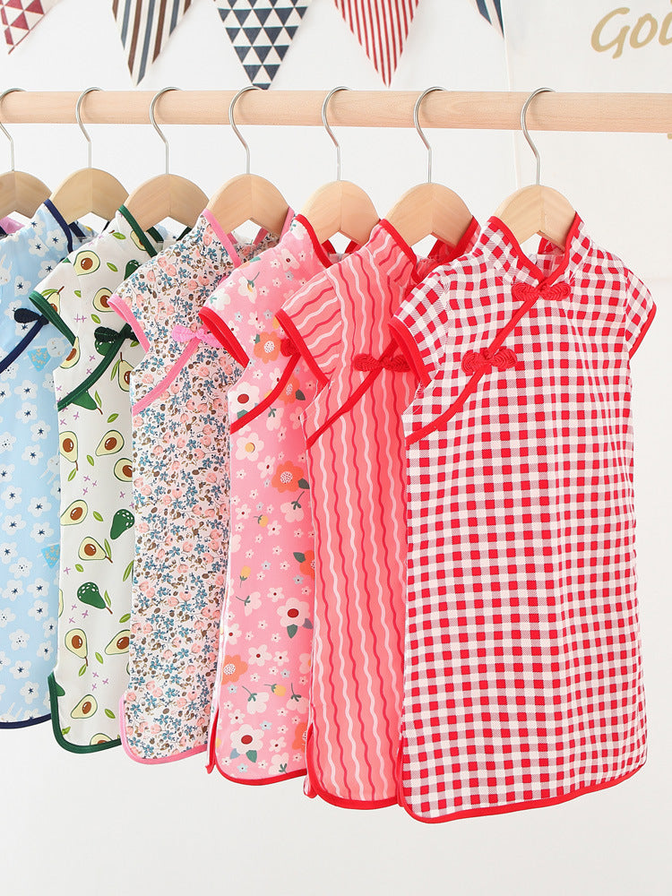 Pure cotton cheongsam-style ethnic girl's dress - short sleeve